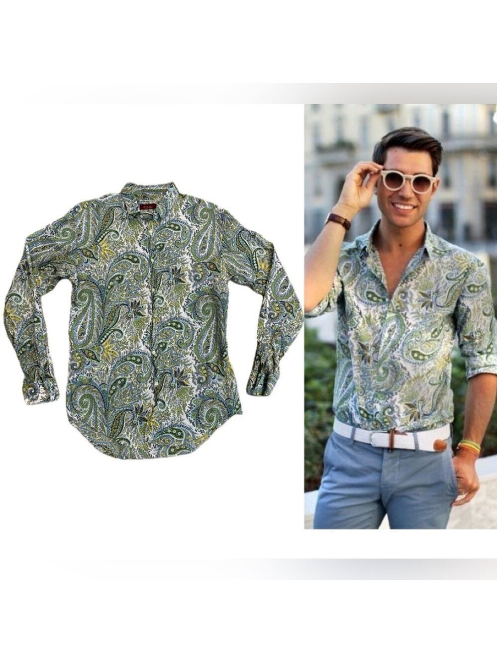 Zara men’s green blue paisley print tropical button down shirt long sleeve Sz L